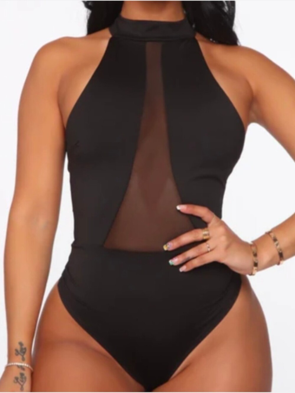 Fashion Nova Black High-Neck Bodysuit with Sheer Front Panel